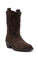 Woman Brown Short Chunky Heeled Suede Cowboy Boots | Derimod