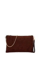 Woman Brown Printed Suede Clutch Bag with Long Chain Strap | Derimod