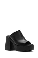 Women's Black Platform Thick High Heel Leather Slippers | Derimod