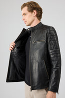 Morant Men's Black Mandarin Collar Leather Jacket | Derimod