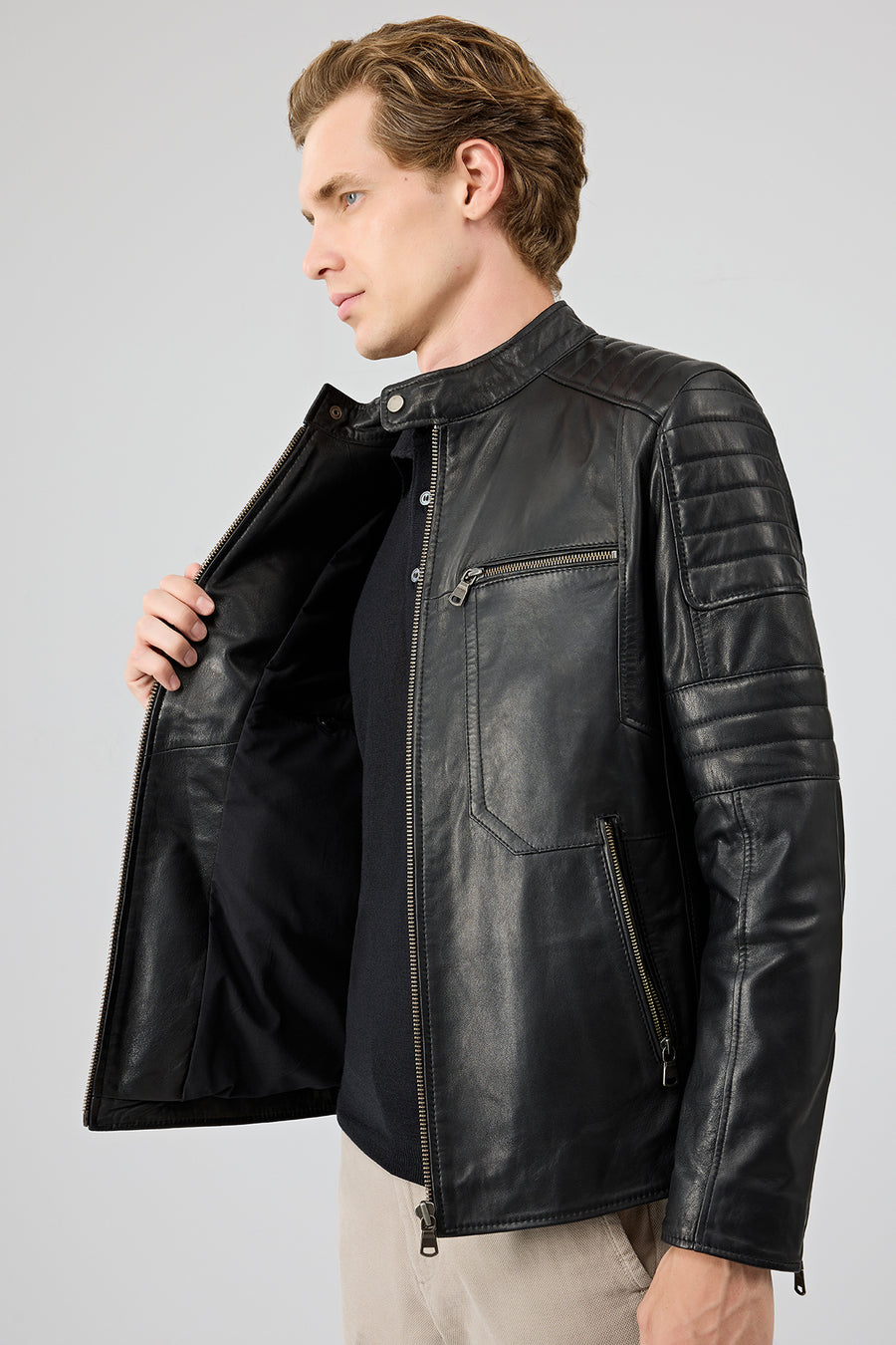 Morant Men's Black Mandarin Collar Leather Jacket