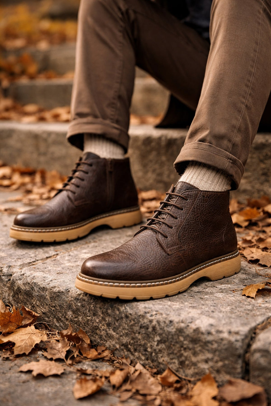 Men's Brown Lace-Up Zipper Leather Casual Boot