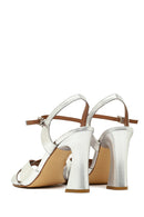 Women's Silver Ankle Buckle High Heel Metallic Leather Sandals | Derimod