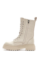 Women's Cream Zippered Leather Combat Boots | Derimod