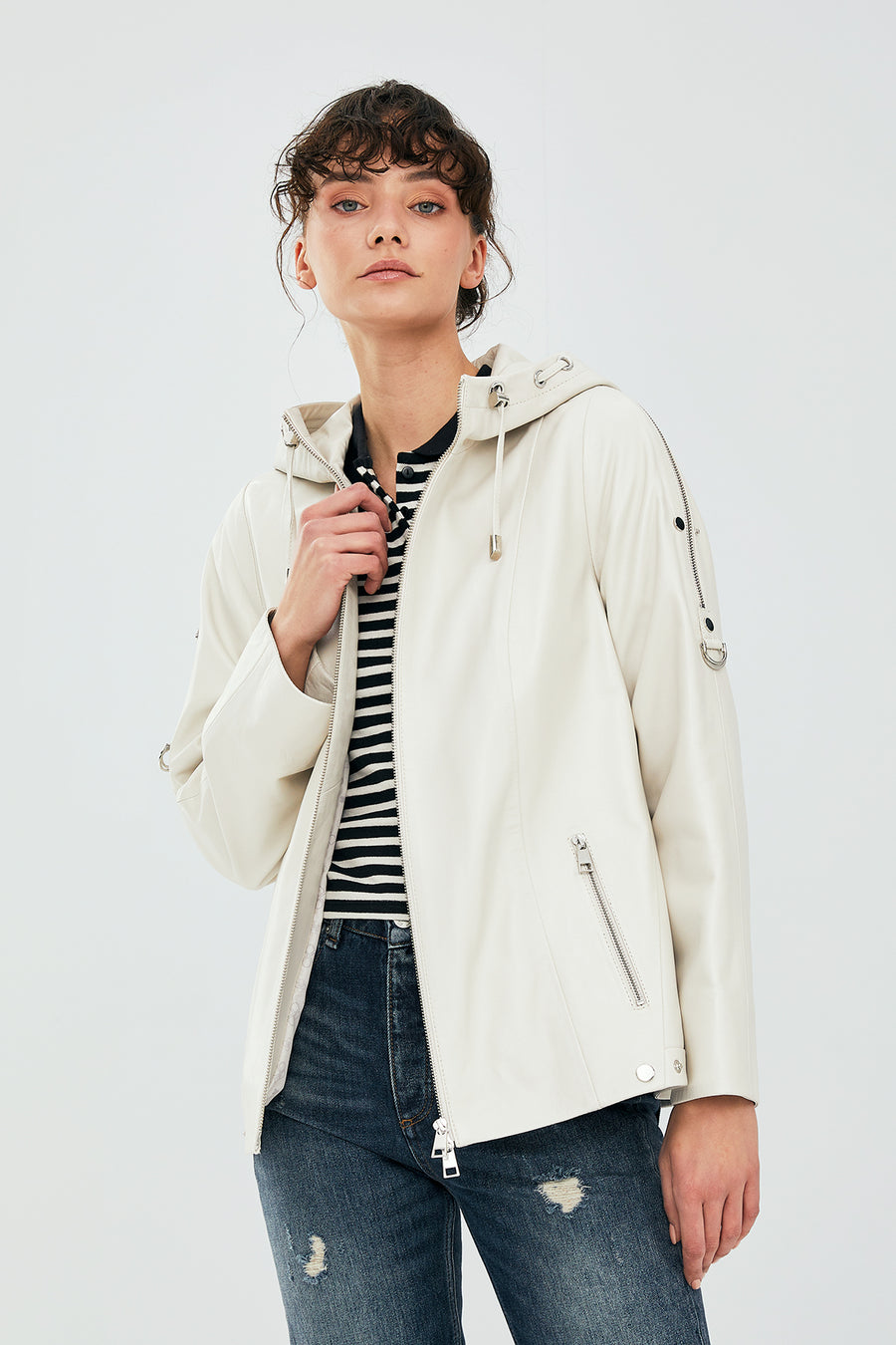 Judith Women's Cream Hooded Oversize Leather Jacket
