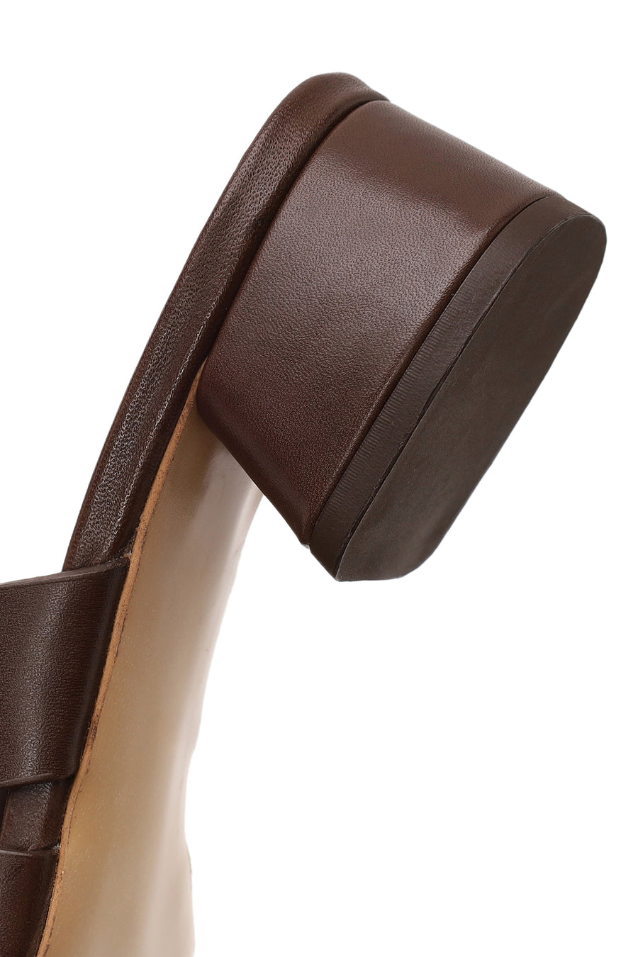 Woman Brown Short Thick-Heeled Leather Slipper