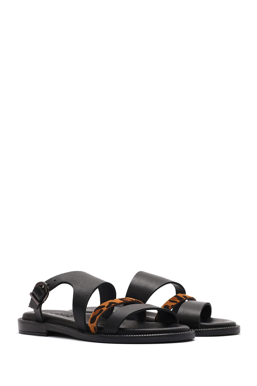 Women's Black Leopard Patterned Leather Slippers