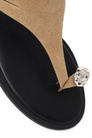 Woman Beige Buckled Toe-Post Suede Sandal | Derimod