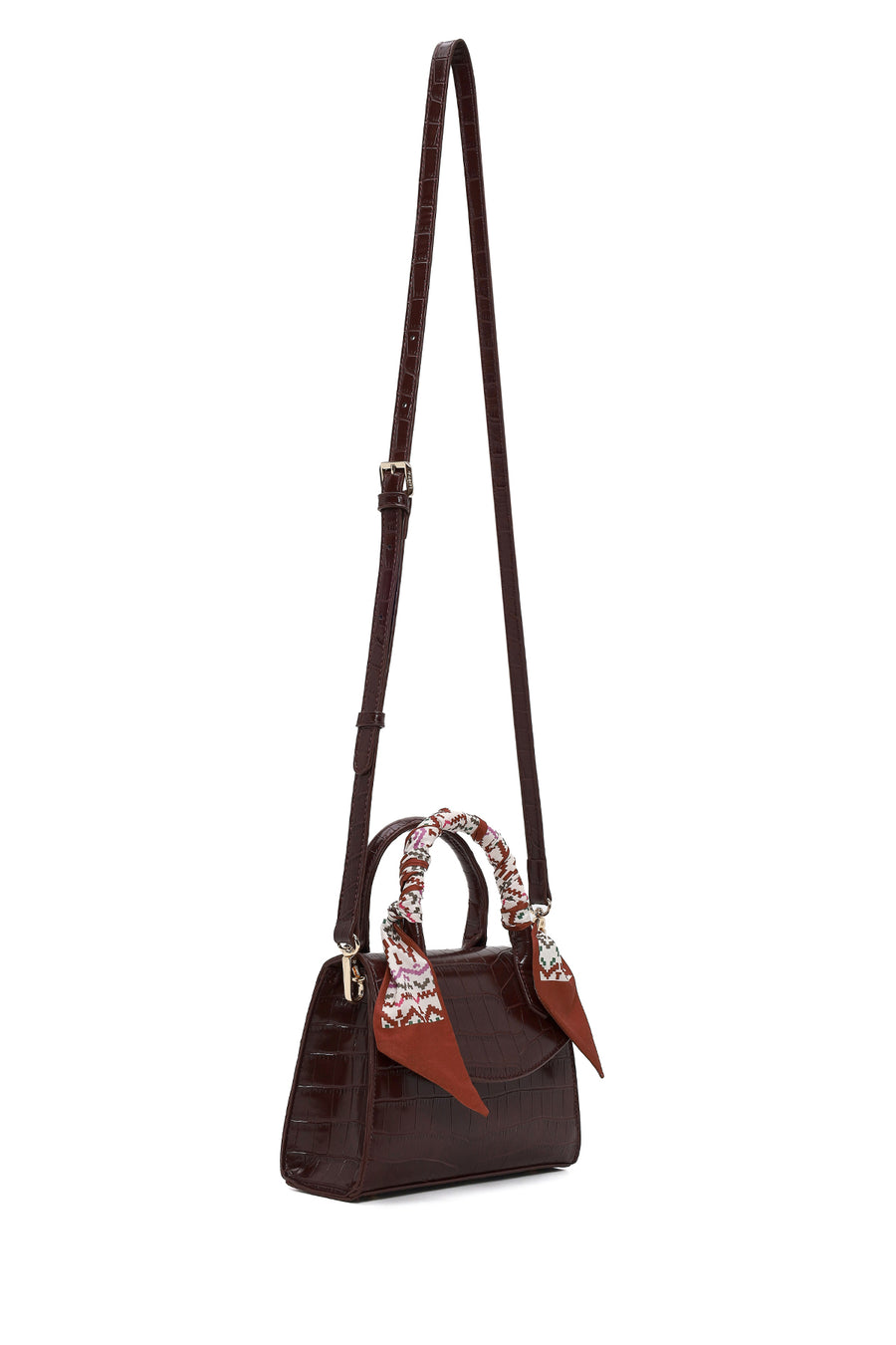 Woman Burgundy Croco Mini Shoulder Bag with Long Strap