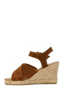 Woman Tan Ankle Buckled Wedge Heel Suede Espadrilles Sandal | Derimod