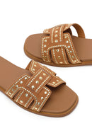 Women's Camel Studded Suede Slippers | Derimod
