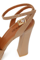 Woman Beige Ankle-Buckle High Thick-Heeled Platform Leather Sandal | Derimod