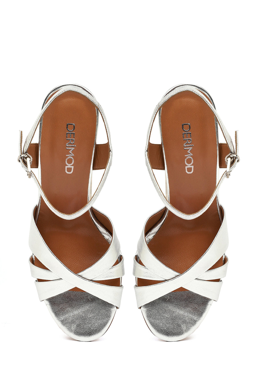Women's Silver Ankle Buckle High Heel Metallic Leather Sandals