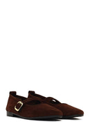Women's Brown Buckled Suede Leather Ballet Flat | Derimod