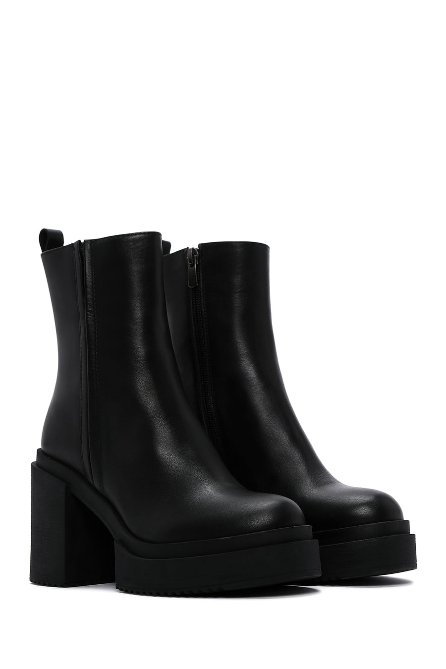 Women's Black Zippered Thick Heeled Leather Boots