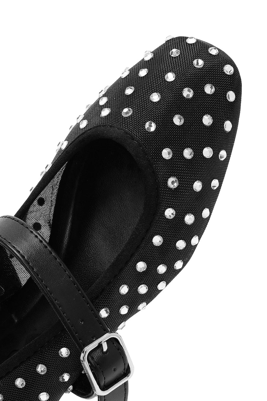 Women's Black Buckled Stone Fabric Ballerinas