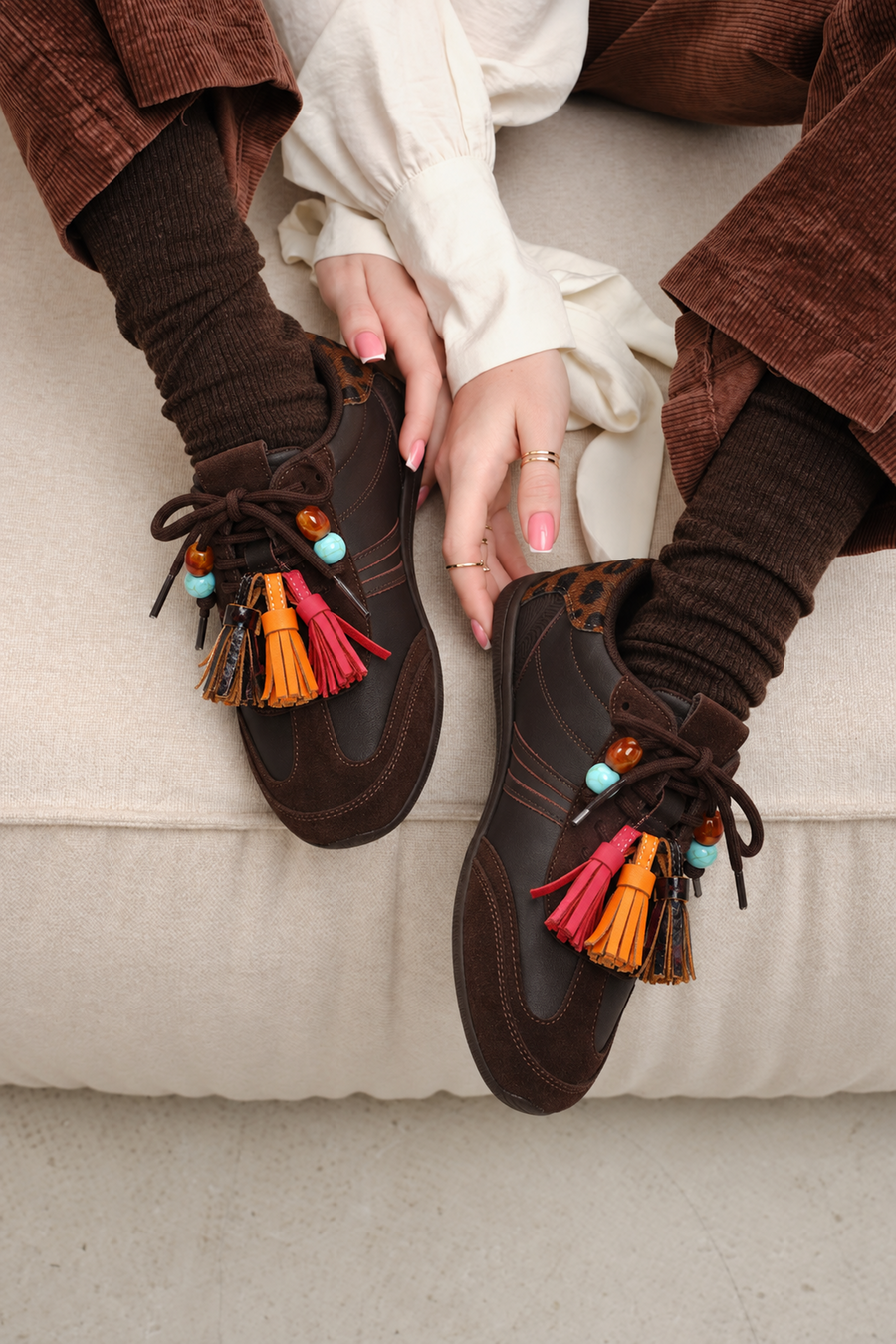 Woman Brown Lace-Up Leopard Leather Sneaker with Charm