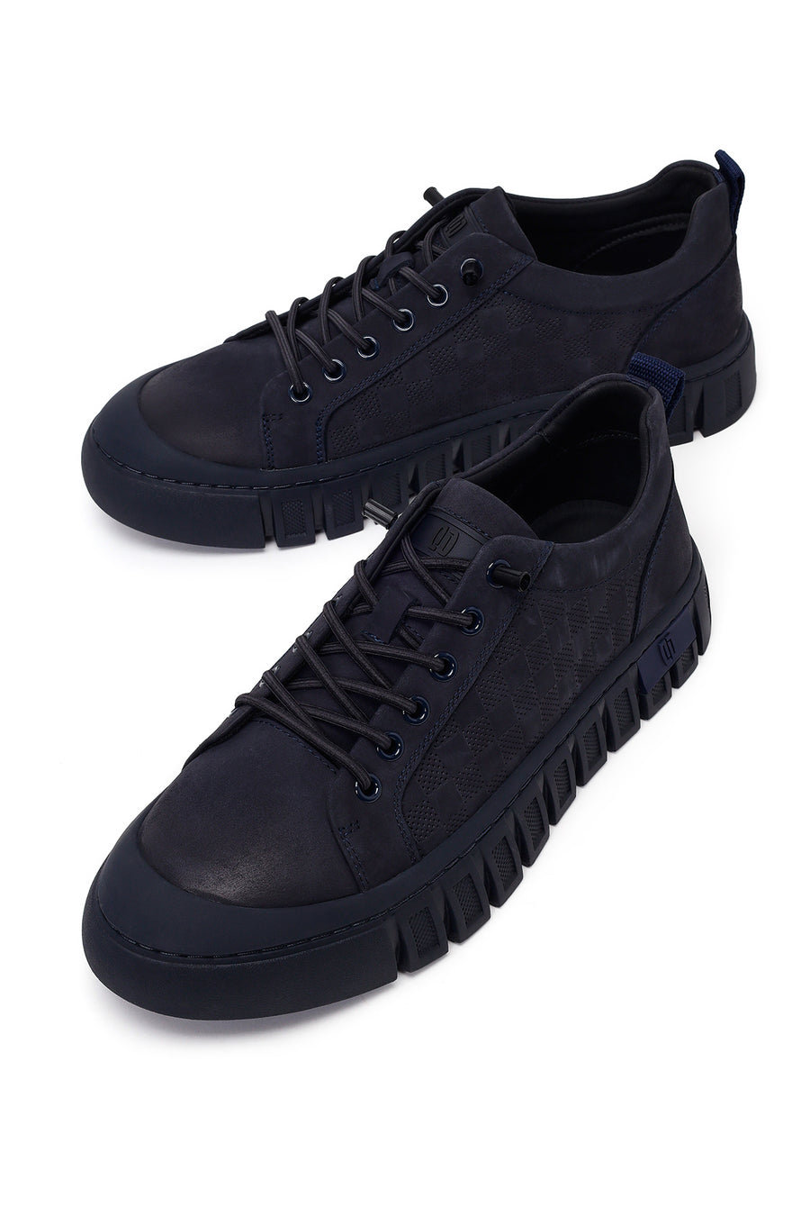Male Navy Blue Lace-Up Thick-Soled Nubuck Leather Sneaker