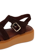 Woman Brown Ankle-Buckle Thick-Soled Suede Comfort Sandal | Derimod