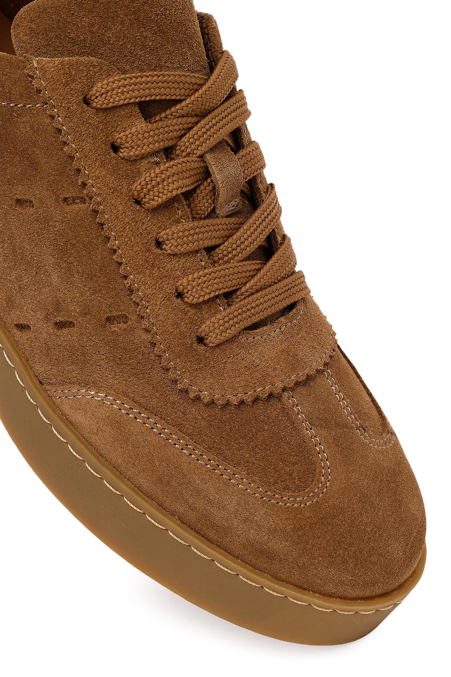 Woman Tan Lace-Up Thick-Soled Suede Leather Sneaker