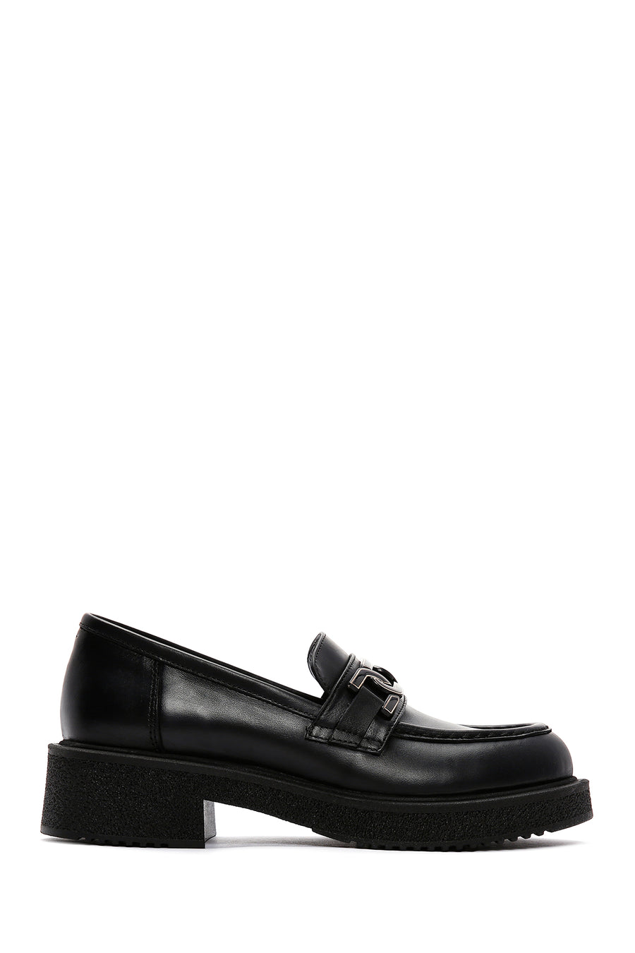 Woman Black Buckled Thick Sole Leather Masculine Loafer 25AFD183918 | Derimod
