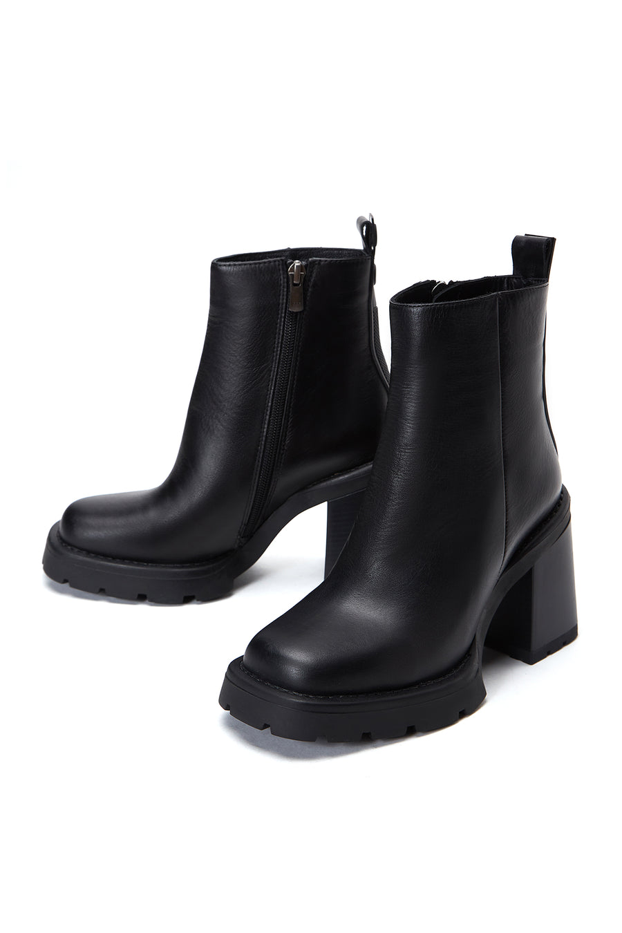 Women's Black Leather Zippered Heeled Boots