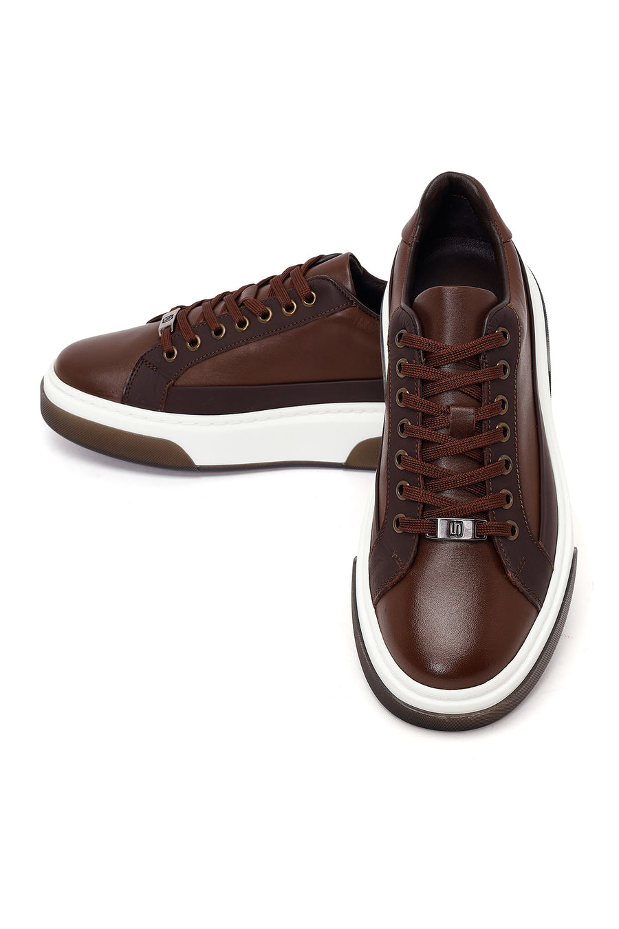 Erkek Kahverengi Bağcıklı Kalın Tabanlı Deri Sneaker