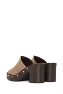 Women's Beige Thick Heeled Suede Leather Slippers | Derimod