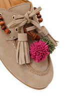 Woman Beige Tassel Suede Mule Slipper | Derimod