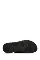 Women's Black Double-Striped Leather Comfort Slippers | Derimod