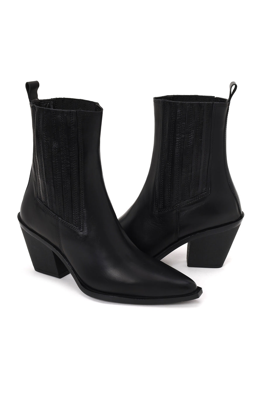 Woman Black Chunky-Heel Leather Cowboy Boots