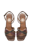 Women's Copper Ankle Strap Thin High Heel Patterned Leather Sandals | Derimod