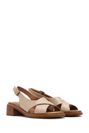 Women's Beige Ankle Buckle Low Heel Leather Sandals | Derimod