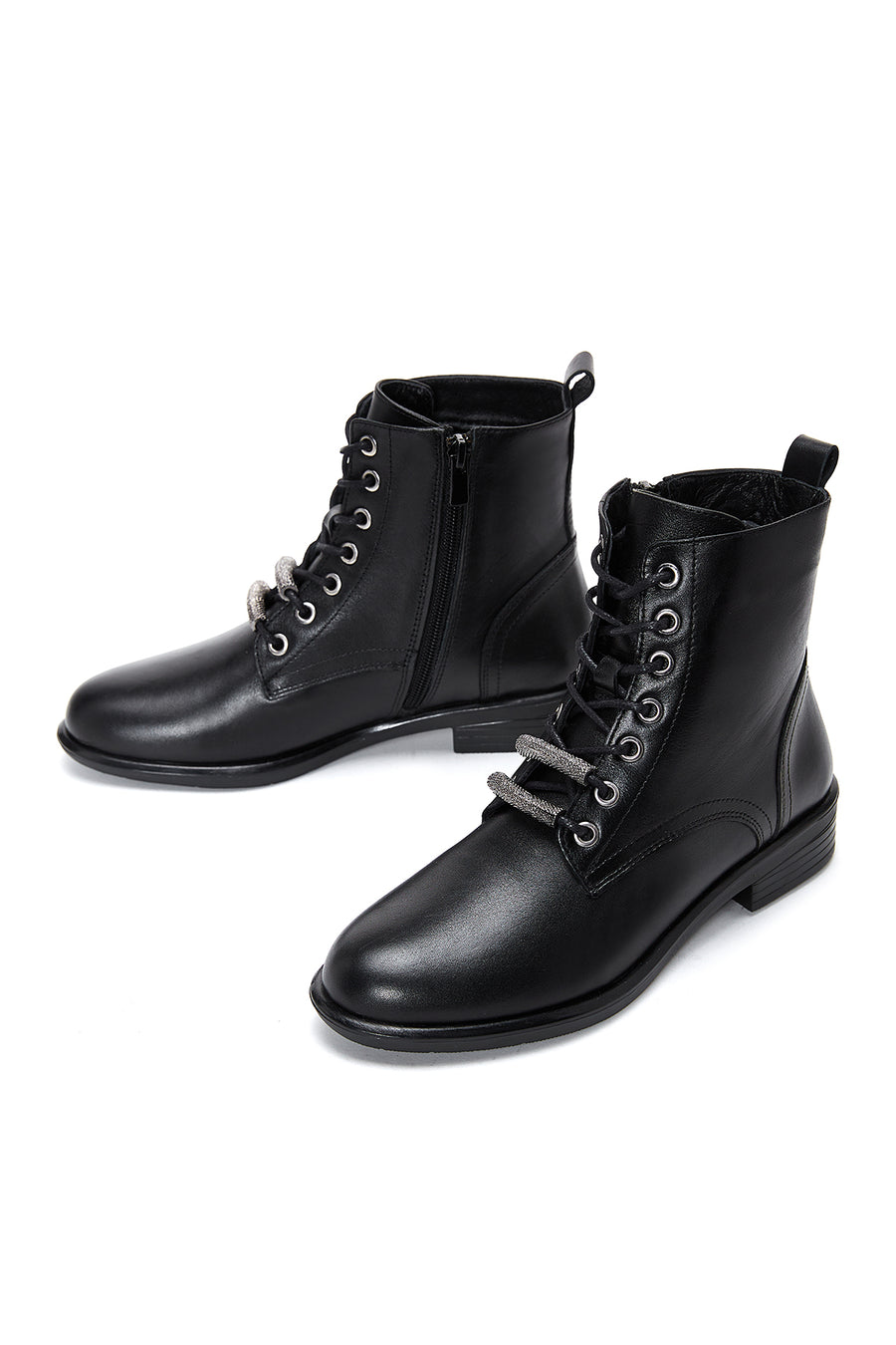 Woman Black Lace-Up Zipper Detail Leather Postal Boots
