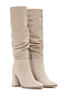 Women's Grey Zippered Chunky Heel Suede Leather Boots | Derimod
