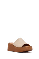 Women's Beige Platform Heel Leather Comfort Slippers | Derimod