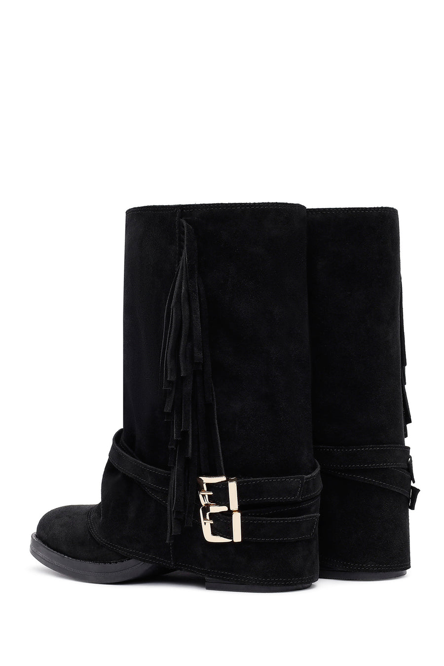 Woman Black Chunky Heel Suede Leather Boat
