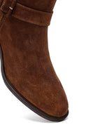 Women's Tan Zippered Short Heel Suede Leather Boot | Derimod