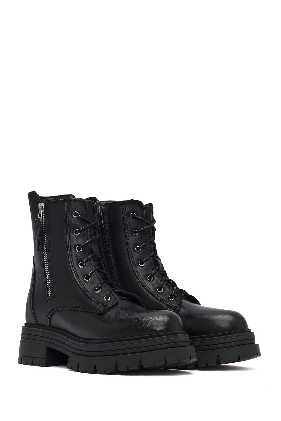 Woman Black Zippered Thick Sole Leather Postal Boots