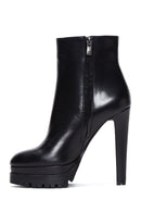Women's Black Zippered High Heel Leather Boots | Derimod