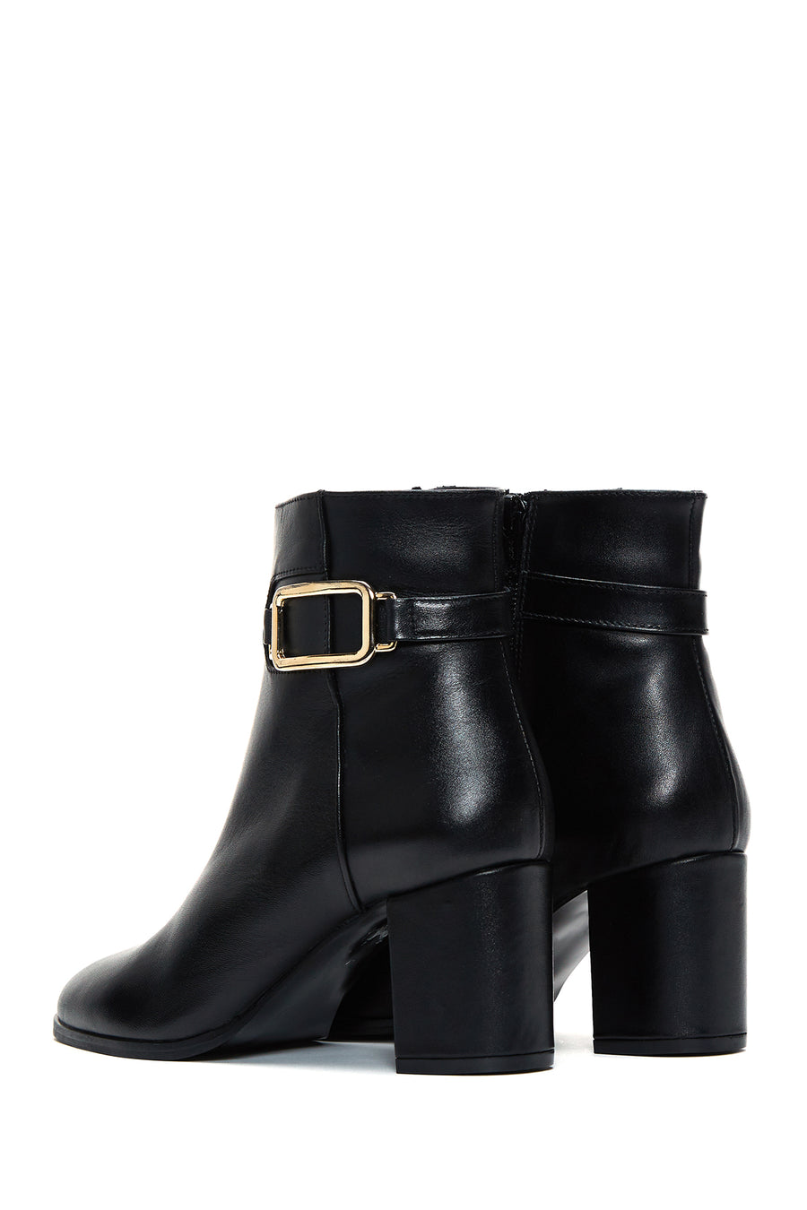 Women's Black Zippered Buckle Detailed Thick Heeled Leather Boots