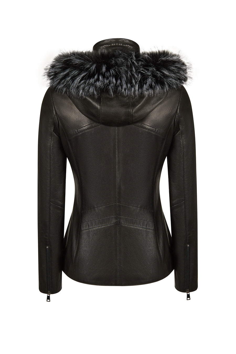 Audrey Woman Black Hooded Fur Leather Coats