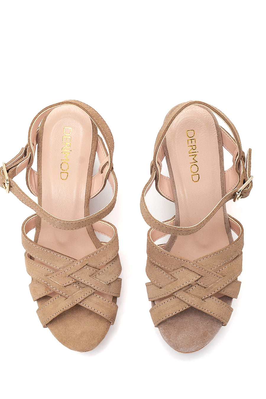 Women's Beige Suede Leather Wedge Heel Sandals