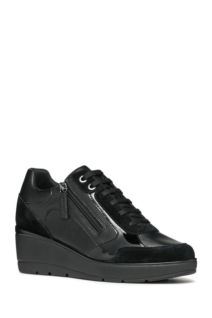 Geox Women's Black Wedge Heel Lace-Up Casual Sneakers