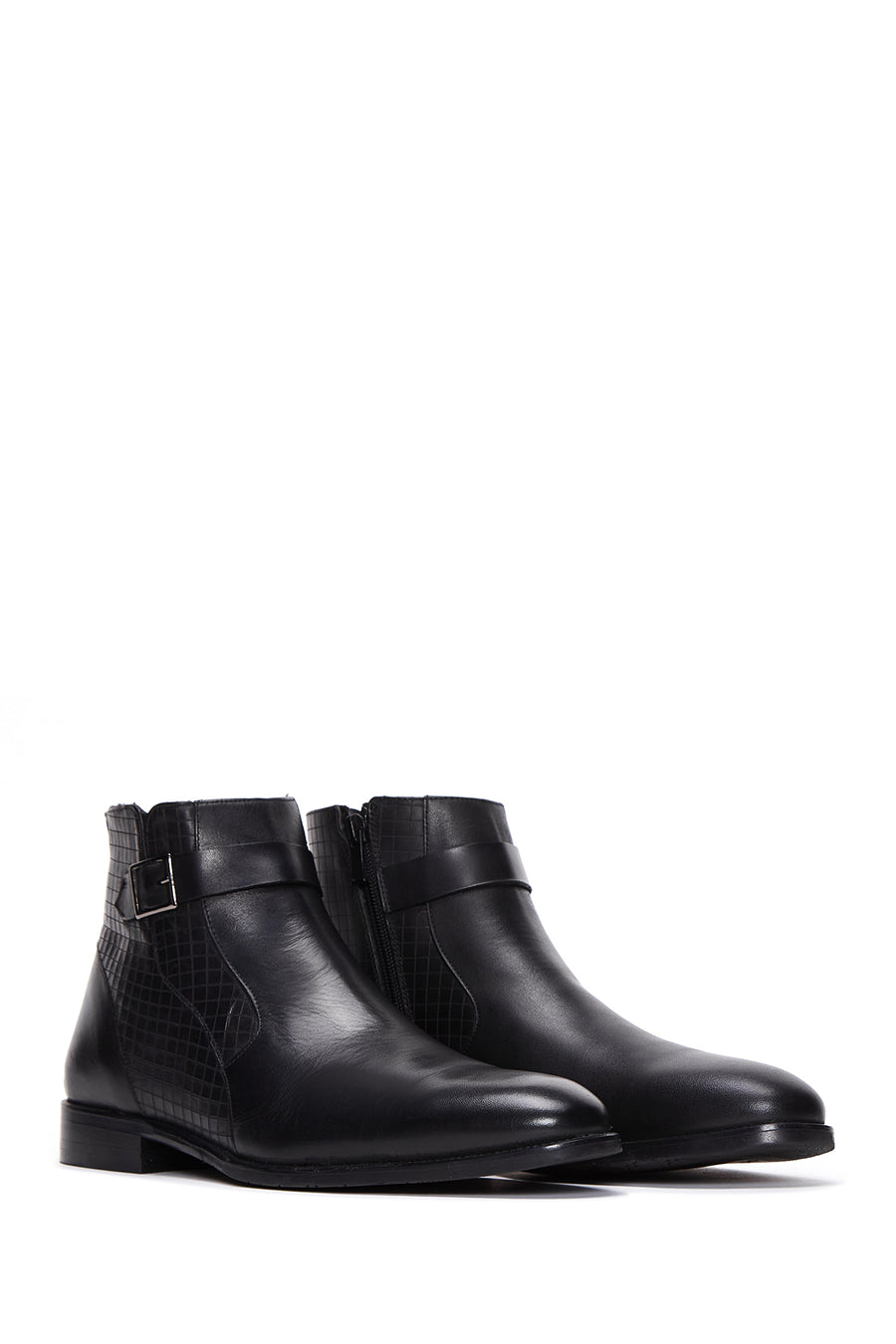 Men's Black Buckle Detailed Leather Classic Zipper Boots