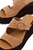 Woman Beige Buckled Wedge Heel Suede Slipper | Derimod