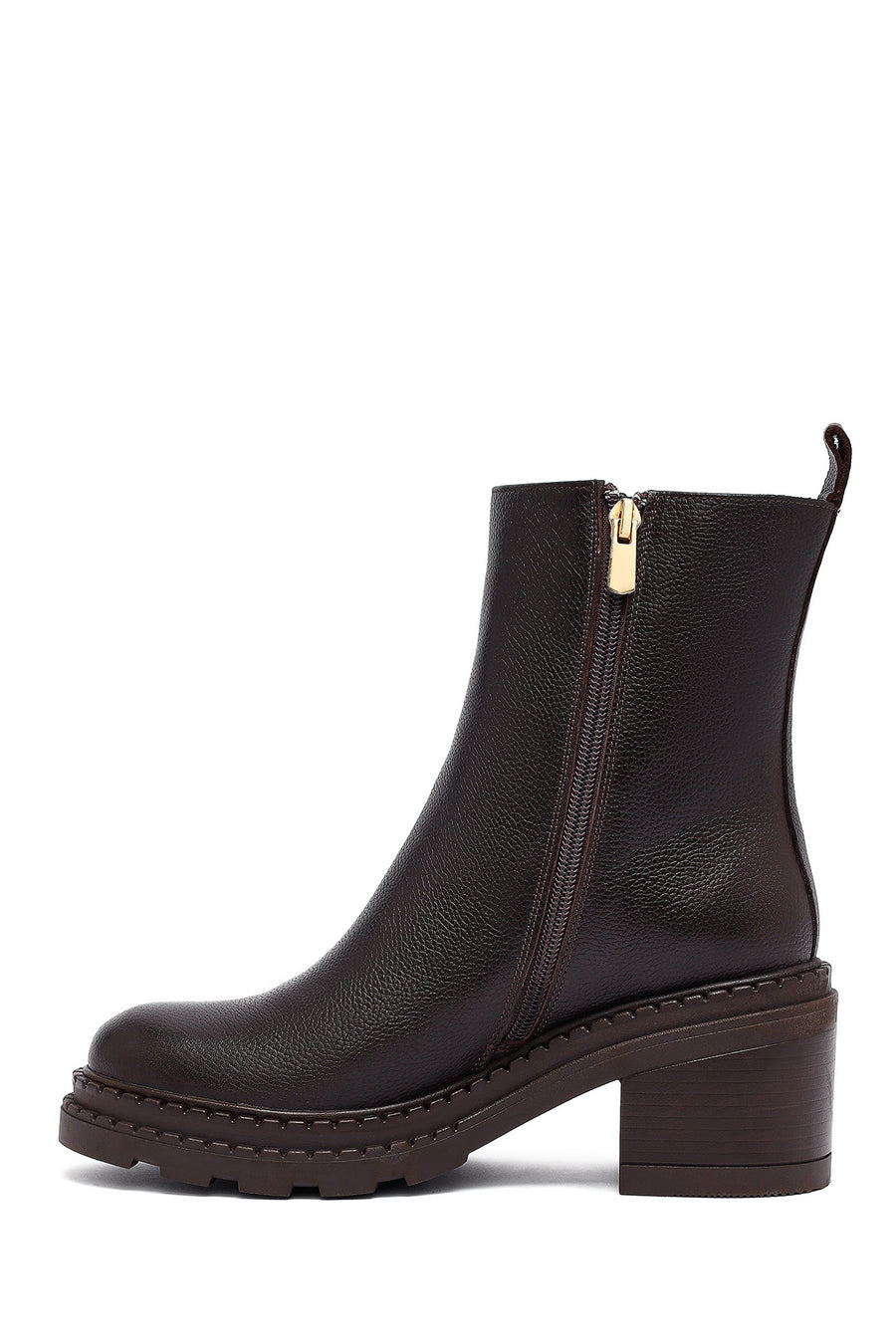 Woman Brown Zip Closure Chunky Heeled Leather Boots