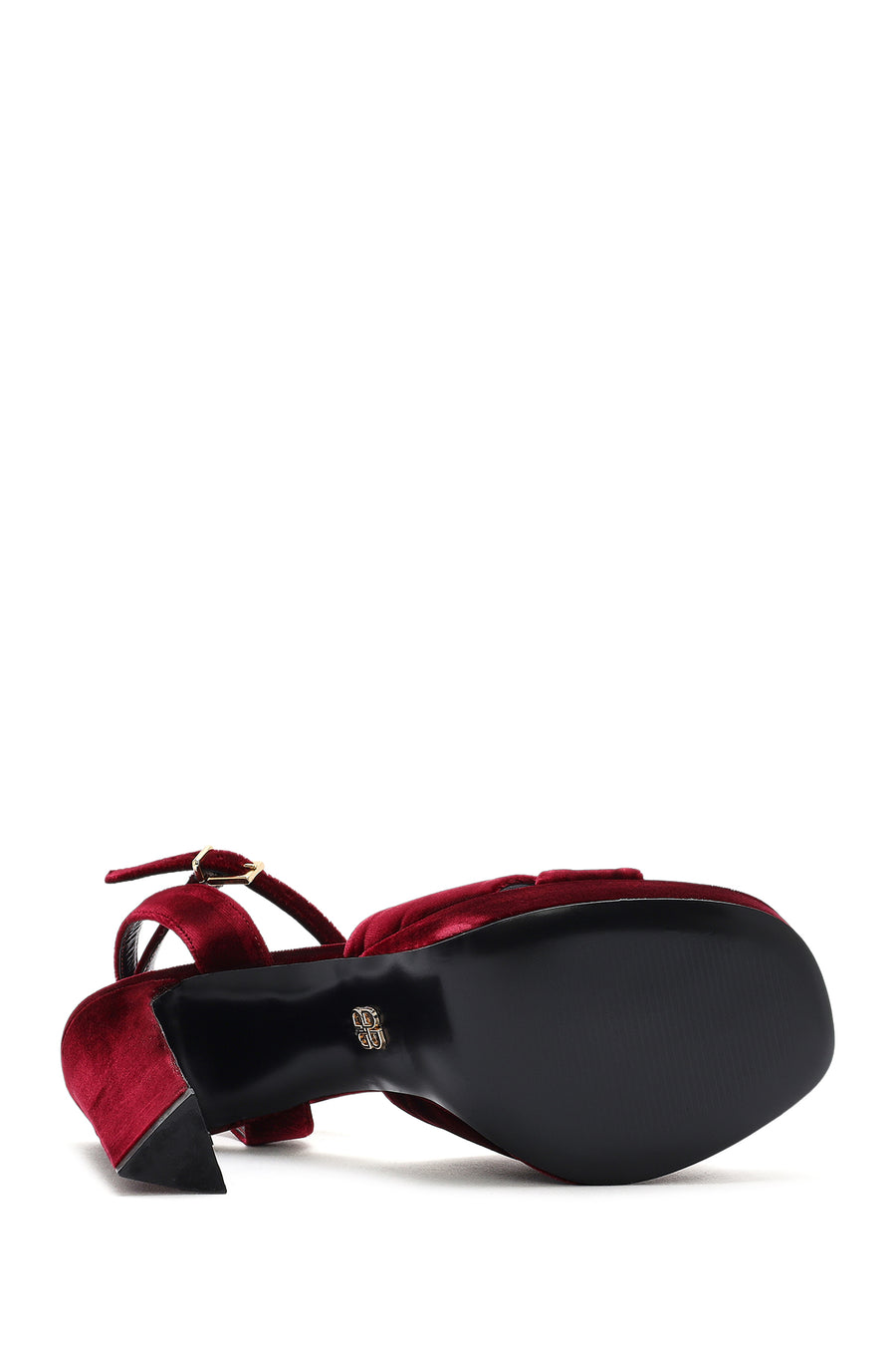 Women's Burgundy Ankle Buckle Platform High Thick Heel Velvet Sandals