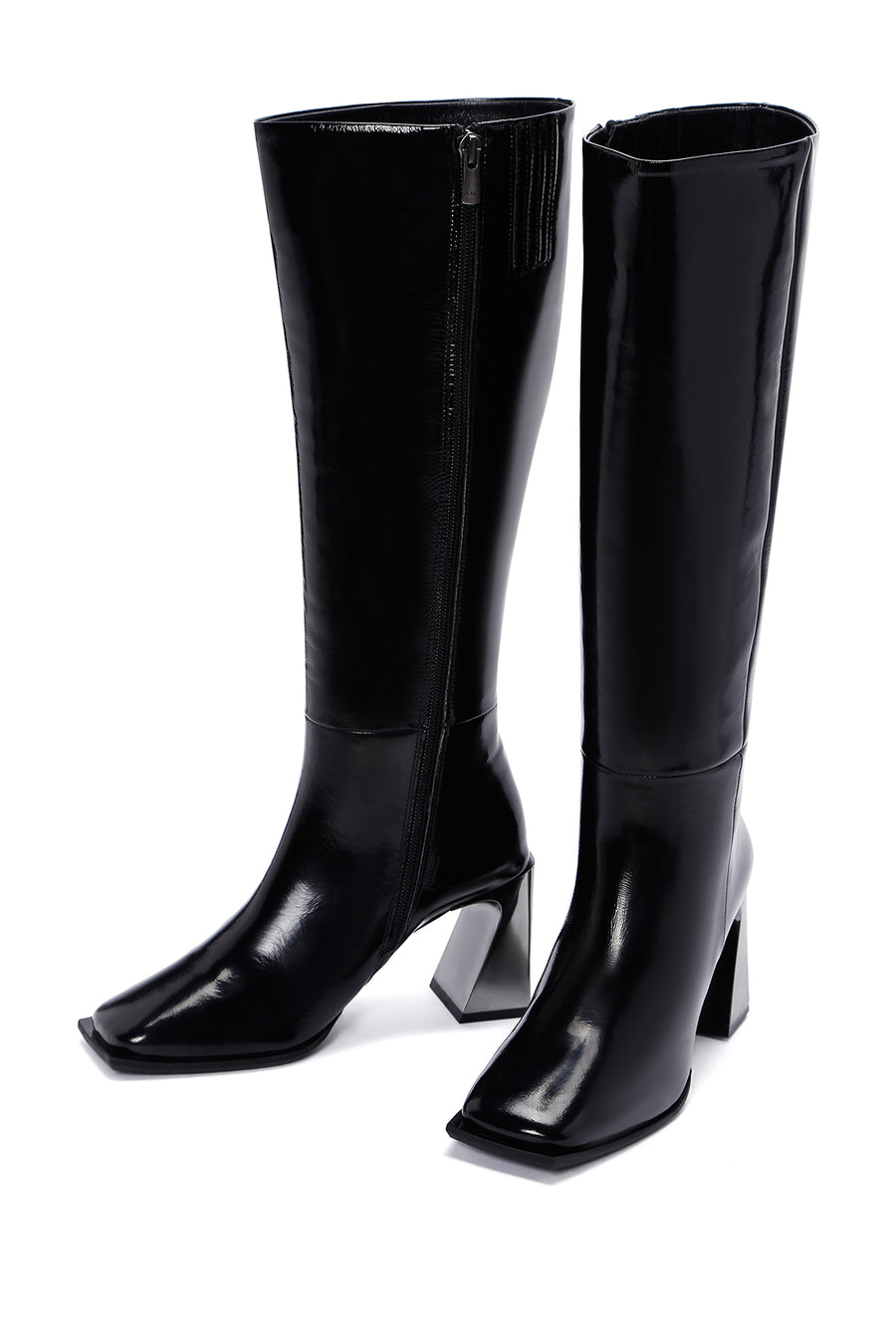 Women's Black Thick Heeled Zippered Patent Leather Boots