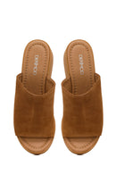 Woman Tan Wedge-Heel Suede Leather Slippers | Derimod